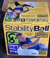 Front and top of GoFit Stability Ball box showing product information