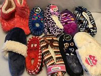 All ten pairs of assorted plush slippers displayed together