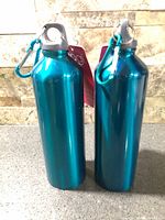 Two teal Jogi stainless steel bottles standing upright with caps and carabiners visible