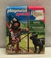 Front of Playmobil Special Plus 5408 box showing huntsman figure, wolf, accessories, age range and piece count; tear on upper right front