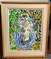 Full view of framed painting showing frame, mat and artwork