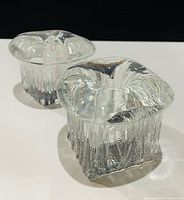Oblique view showing both crystal mushroom candlestick holders
