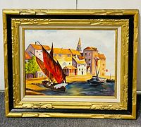 Front view of framed oil painting showing composition and frame