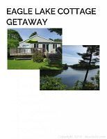 Collage showing cottage front exterior with deck and partial lake view