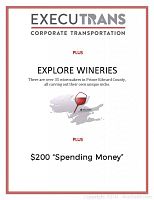 ExecuTrans Corporate Transportation branded certificate with 'Explore Wineries' map graphic and $200 spending money text