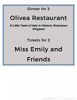 Printed card showing ‘Dinner for 2 Olivea Restaurant’ and ‘Tickets for 2 Miss Emily and Friends’ text
