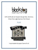 Printed sheet showing Black Dog Hospitality Group logo and Improbable Escapes Camp X branding with game-for-8 label