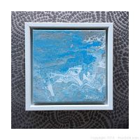 Framed 10" x 10" fluid acrylic painting with geometric patterned gray mat and white frame showing abstract blue, white and gray fluid acrylic details.