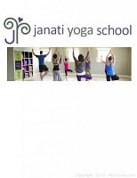Photo of Janati Yoga School logo with image of people in yoga class doing tree pose.