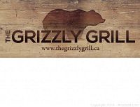 Photo showing a rustic wood-style sign with The Grizzly Grill logo and website.