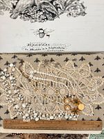 Group view of five necklaces on lace background with ruler for scale