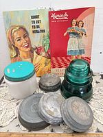 Full lot showing pamphlets, jar, insulator, metal disks