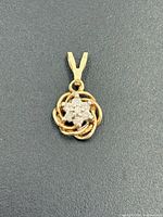 Front view of 10k gold pendant on dark background