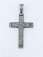 Front view of sterling silver pavé cross pendant showing stones and bail