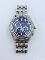 Front view of Citizen Eco-Drive 8651 watch showing blue dial and sub-dials