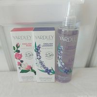 Group of three Yardley products: two boxed EDTs and one body mist bottle