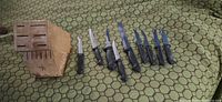 Wood knife block and ten knives laid out on surface