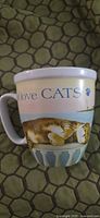 Front view of mug showing cat artwork and text
