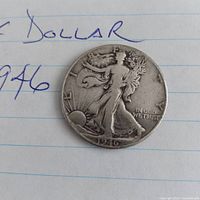 Obverse of 1946 Walking Liberty half dollar showing Liberty figure and date