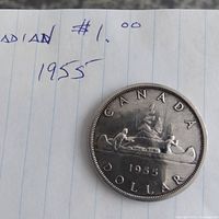 Obverse side of 1955 Canadian dollar coin showing Voyageur canoe design
