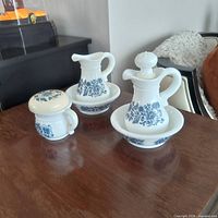 All three Avon blue floral ceramic pieces displayed together