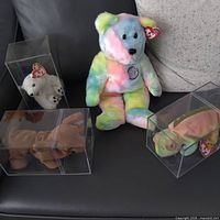 Group shot of four Ty Beanie Babies in cases on couch