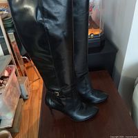 Full view of both boots upright showing leather finish and height