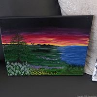 Horizontal landscape acrylic painting with sunset, tree, meadow and water