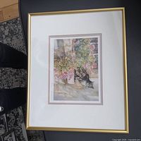 Full view of framed signed Brent Heighton cat watercolor print in gold frame