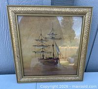 Square framed ship print with sailing vessel, yellow tones