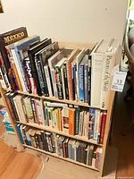 Front view of bookcase filled with books on three shelves