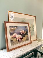 Front view showing water-lily print and partially hidden Buffett print