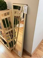 Mirror leaning against shelving showing frame color and size tag