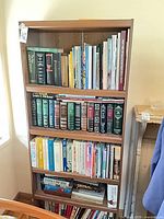 Full view of bookcase with books on shelves