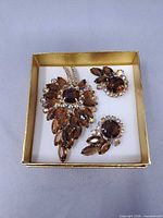 Front view of brooch and earrings in gift box showing stone colours and arrangement