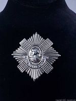 Front view of silver-tone Royal Scots brooch showing starburst design and inscription