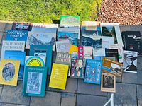 All books in lot laid out on patio, spines and covers visible