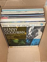 Box containing multiple 12-inch LP records; front cover Benny Goodman “The King of Swing Vol. 1”