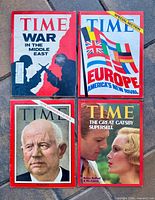 Four Time magazine covers: War in Middle East, Europe America's New Rival, Khrushchev portrait, Great Gatsby Supersell