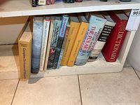 Full view of bottom shelf with 11 hardcover books