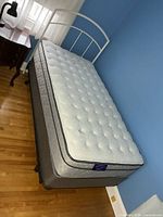 Overall view of bed showing headboard, mattress, box spring and frame