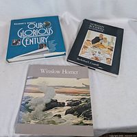 Front covers of three hardcover books arranged on surface
