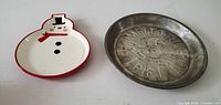 Pie pan and snowman plate front view
