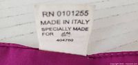 Close-up of label showing RN number and country of origin