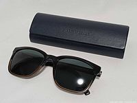 Front view of sunglasses and closed navy case