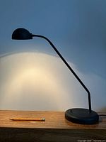 Full view of matte black desk lamp illuminated
