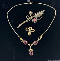 Overall view of necklace and two brooches on black background