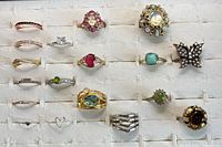 Front view of all nineteen rings laid out in slots