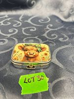 Top view showing Highland cow artwork on pill box lid