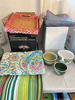 Tray, bowls, textiles overview